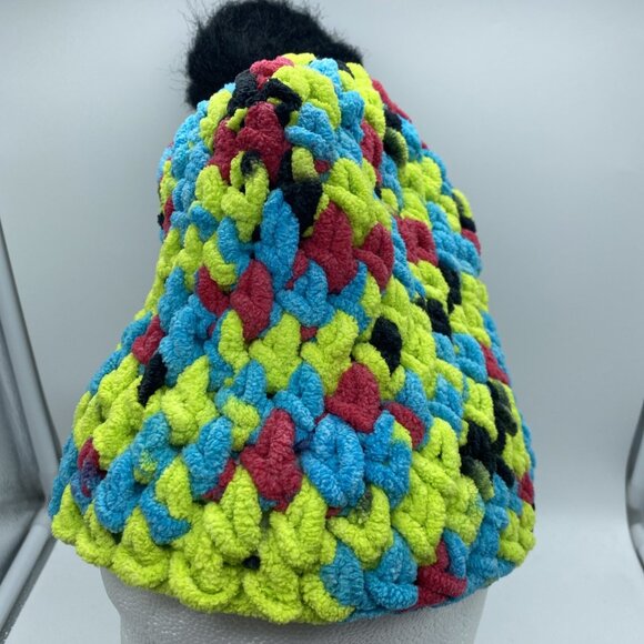 Green Blue Pink Handmade Crochet Yarn Beanie Pompom Hat Knit Stocking Cap Winter - Picture 1 of 9